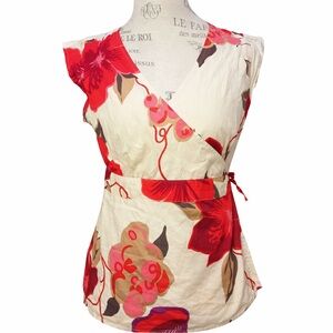 GAP Wrap Top M Medium Floral Ivory Red Cap Sleeve Cotton Tie Waist Blouse